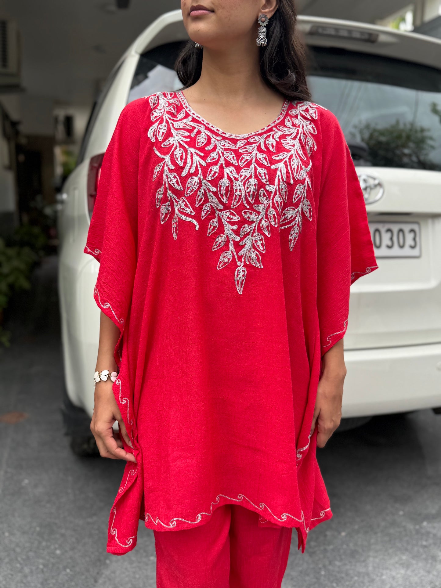Red Tilla Embroidered Kaftan Set